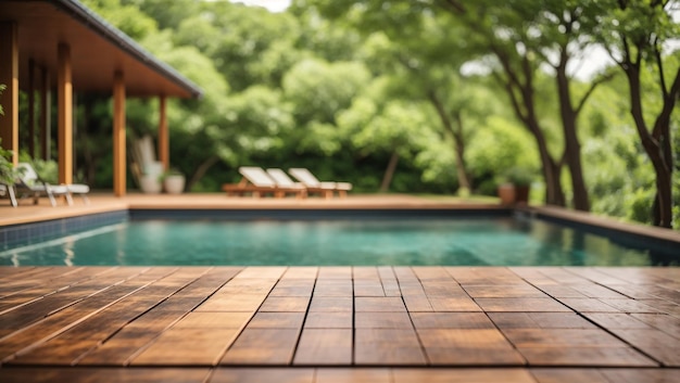 a wooden deck in front of an out of focus swimming pool