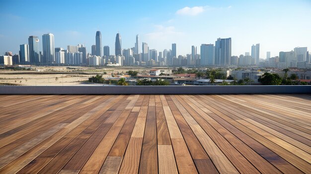 Wooden Deck Overlooking a City Skyline