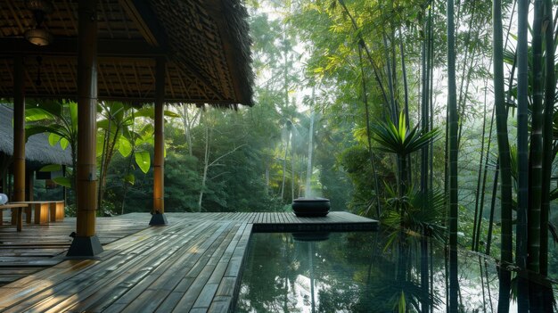 Photo a wooden deck overlooking a lush green jungle with a small pool and a bamboo hut in the foreground