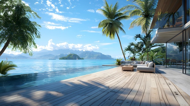 A wooden deck overlooking the sea with an infinity pool and palm trees in front of it creating a ser