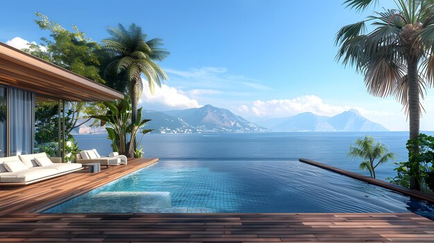 A wooden deck overlooking the sea with an infinity pool and palm trees in front of it creating a ser