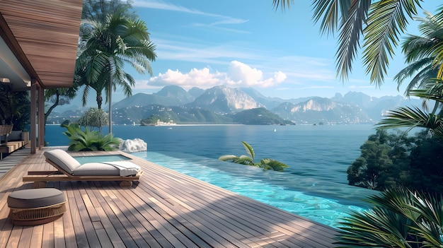 A wooden deck overlooking the sea with an infinity pool and palm trees in front of it creating a ser