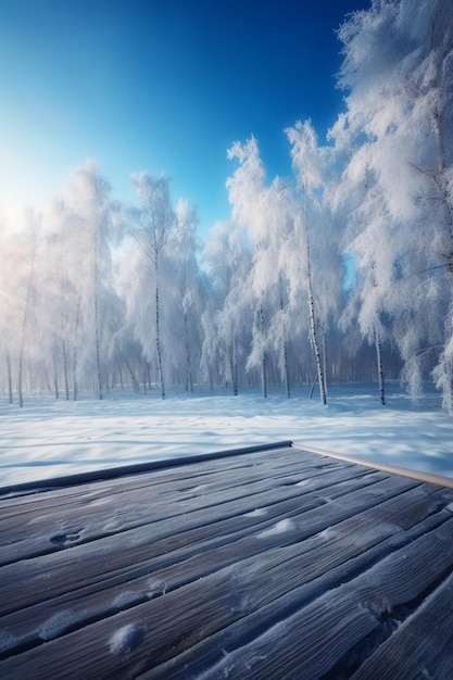 A wooden deck in the snow with the sun shining on it.