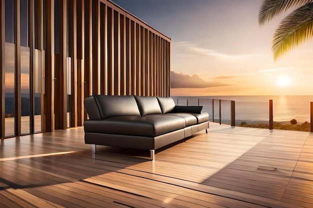 A wooden deck with a black leather sofa and a sunset in the background.