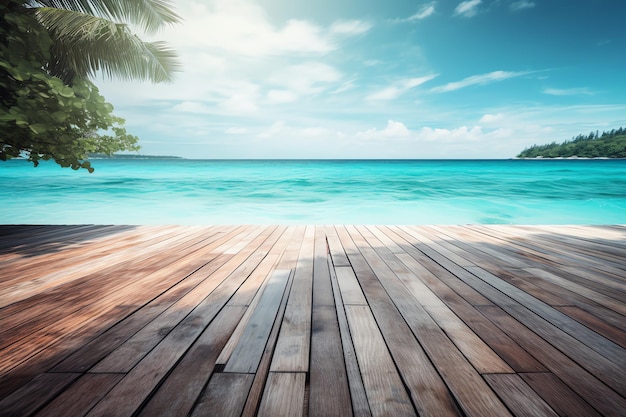 A wooden deck with a blue sea and palm trees on the horizon.