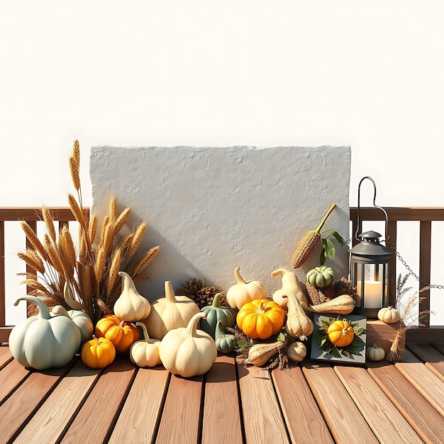 Photo a wooden deck with a bunch of pumpkins and gourds on it