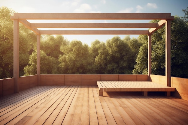 Photo a wooden deck with a canopy and a bench in the foreground.