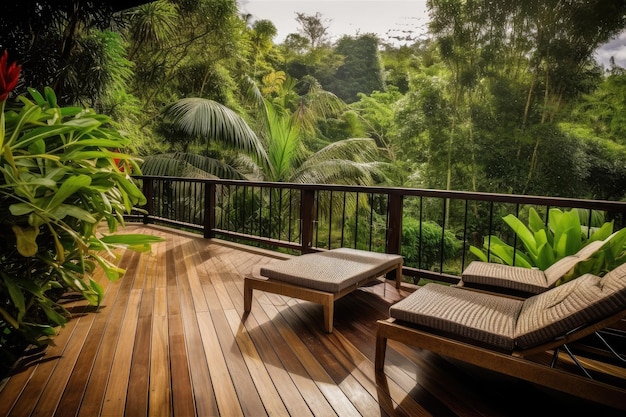 Wooden deck with comfortable lounge chairs and view of the garden created with generative ai