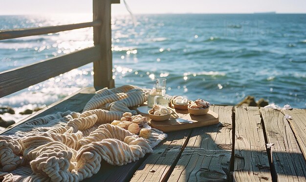 a wooden deck with food and a bottle of wine on it