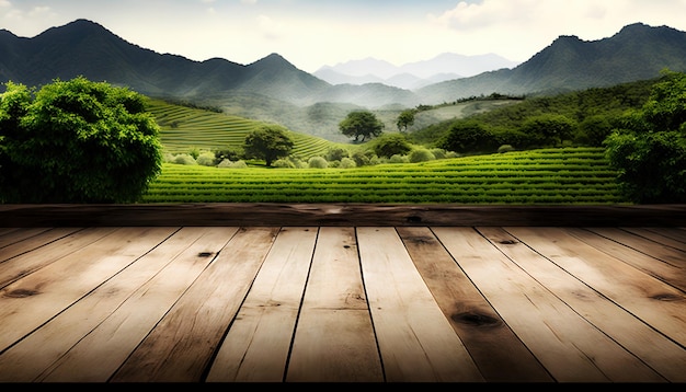 A wooden deck with a green landscape in the background