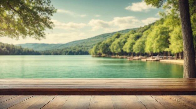 Photo a wooden deck with a lake and mountains in the background