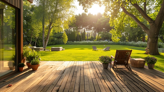 Photo wooden deck with lounge chairs overlooking a large grassy lawn with green trees in the background