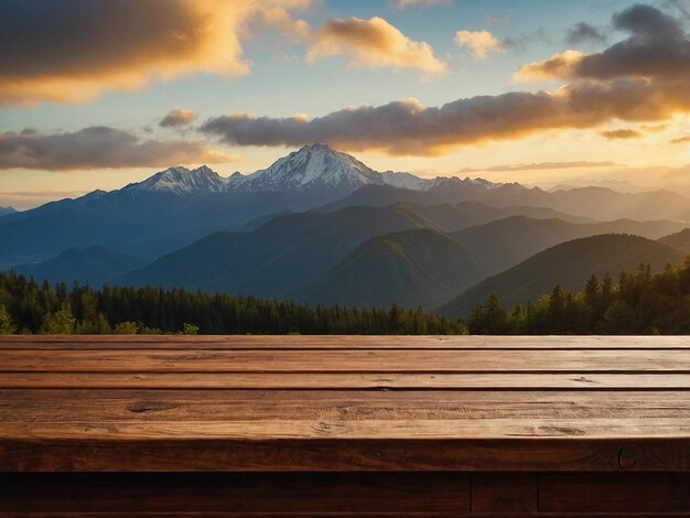 Photo a wooden deck with a mountain in the background and a wooden deck with a view of the mountains