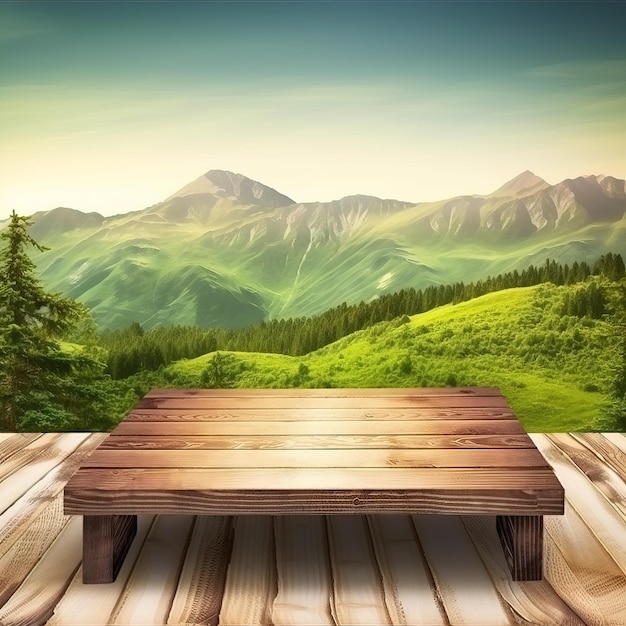 A wooden deck with a mountain landscape in the background.