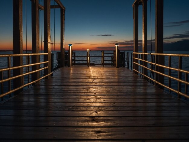 a wooden deck with a sunset in the background