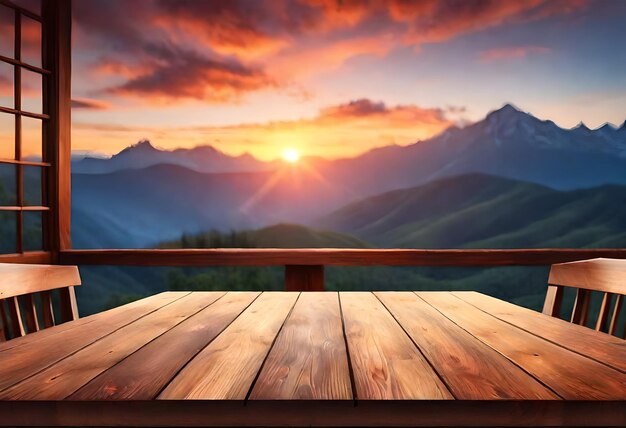 Photo a wooden deck with a view of a mountain range and a sunset