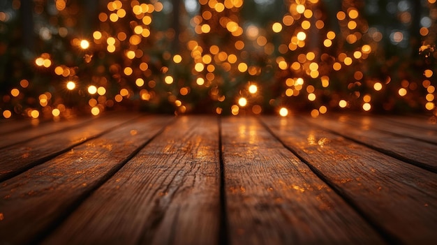 Wooden deck with warm bokeh lights generative ai