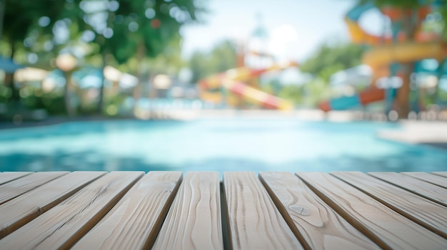 Photo a wooden deck with a water slide in the background