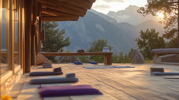 Photo wooden deck with yoga mats and towels overlooking a stunning mountain view at sunset