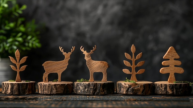 Photo wooden decorations featuring deer trees and foliage on rustic slices during winter season