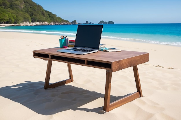 Wooden desk on beach