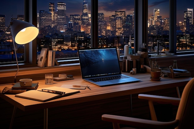 A wooden desk in a modern home office at night serves as a platform for displaying a product The des