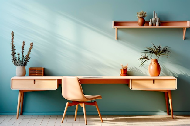 wooden desk with an armchair on a background of a light blue wall Modern