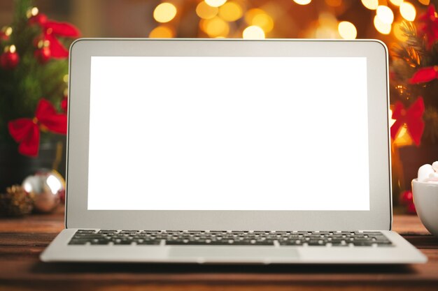 Wooden desk with computer with blank screen against blurred christmas lights background