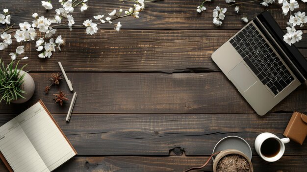 Photo wooden desk with flowers laptop and coffee