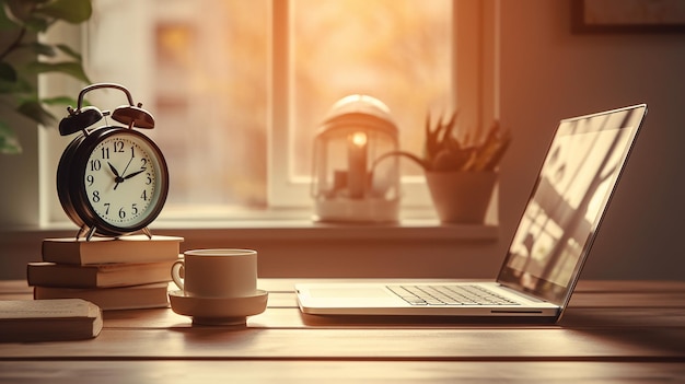 A wooden desk with a laptop alarm clock books coffee cup and plants in the background