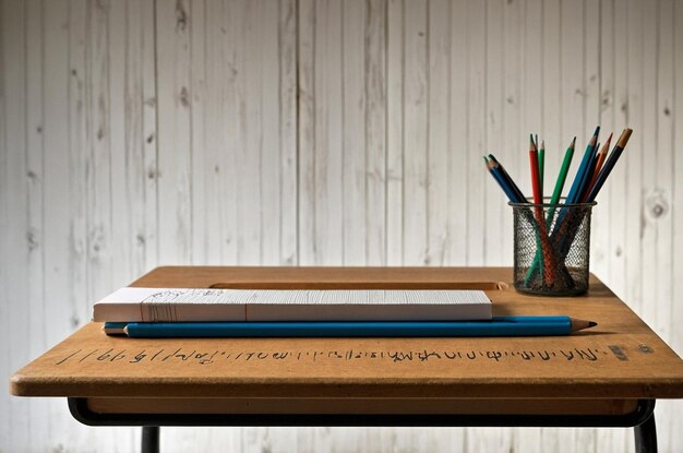 Photo a wooden desk with a pencil and a pencil on it