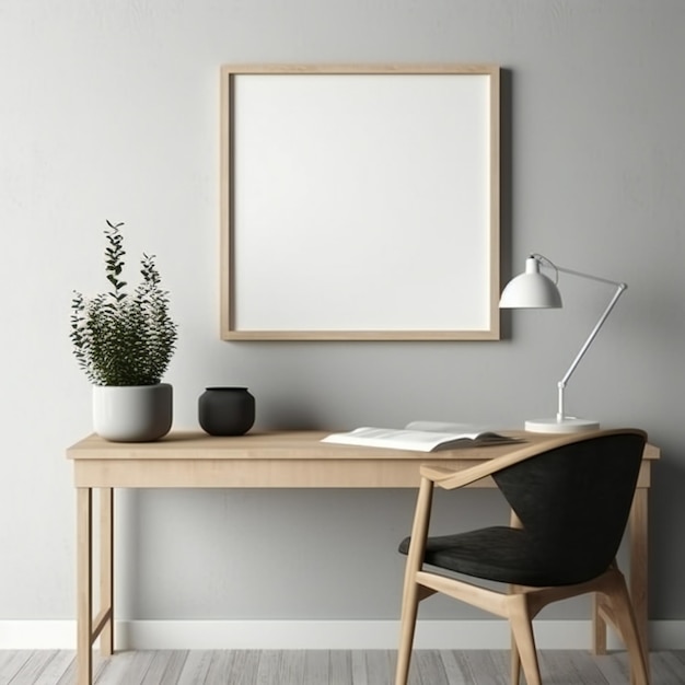 A wooden desk with a plant on it and a chair in front of a picture frame.