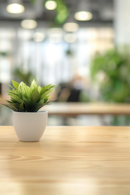 Wooden desk with white vase containing green plant on left side Blurred office background with