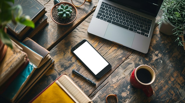 Wooden desk workplace with blank screen smart phone laptop computer book pen and coffee mug Top view flat lay with copy space Ai generated