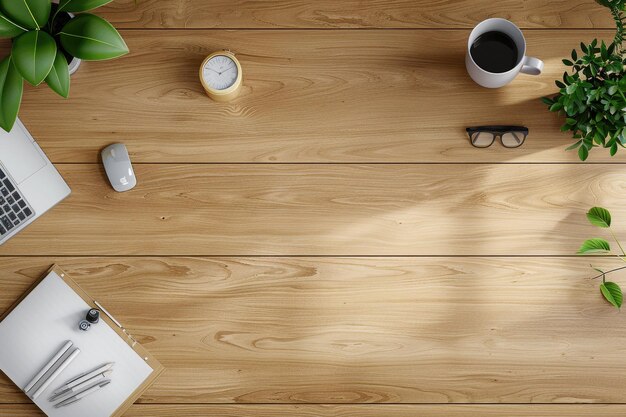 Photo wooden desktop in modern office with accessories top view on desk from above