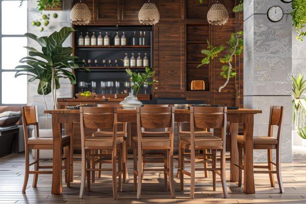 Photo wooden dining room bar chairs and table