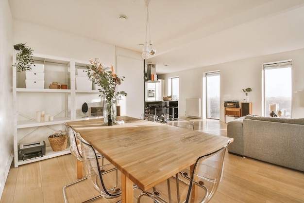 Wooden dining table and chairs in luxury dining room