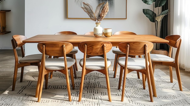 Wooden Dining Table Set with White Cushions and Neutral Rug