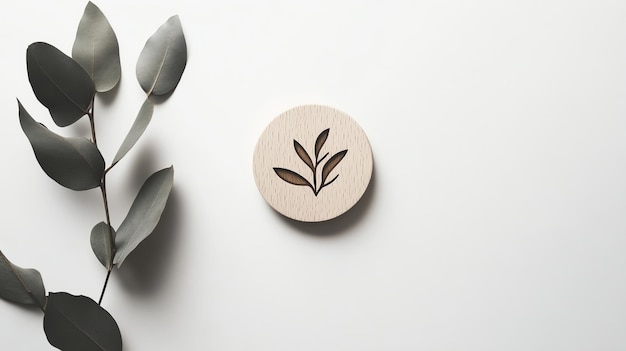 Photo wooden disc with leaf design and eucalyptus branch on white background