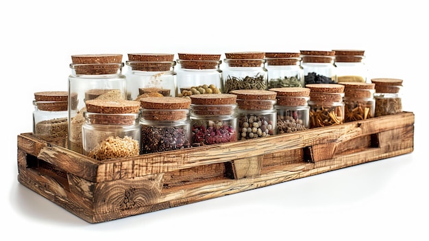 Photo a wooden display of different kinds of food