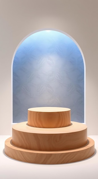 Wooden display podium with arched background