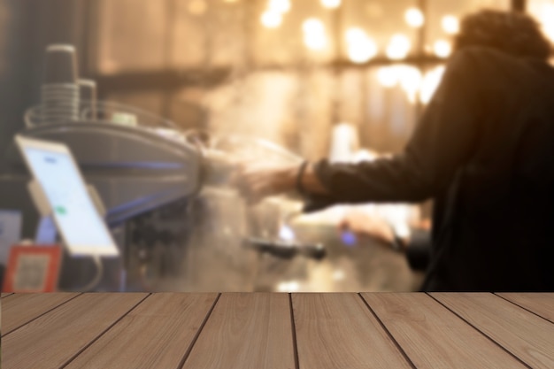 Wooden display table coffee shop scene Concept of displaying products in the room