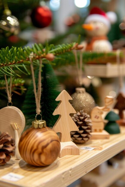 Photo a wooden display with a christmas tree and ornaments on it