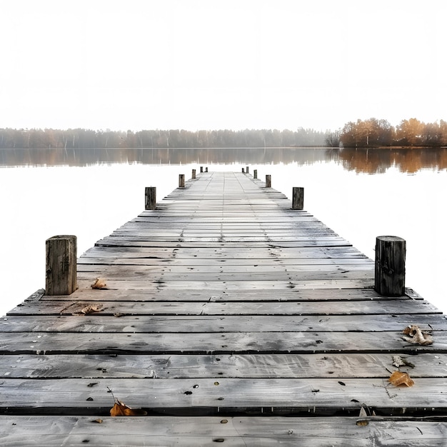 Photo wooden dock on autumn lake isolated on white background vintage