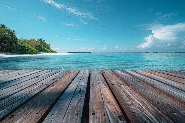 Wooden dock by the aqua water with beach and sky in the background