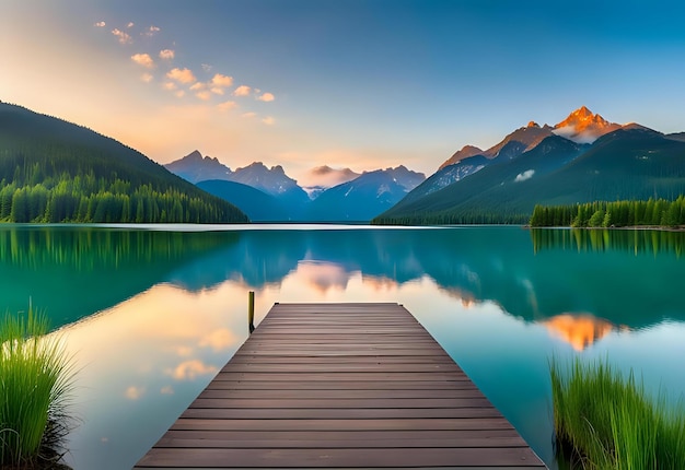 Photo wooden dock on a calm lake reflecting mountains