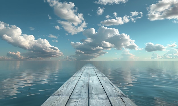 Wooden Dock Extending Into Calm Ocean Waters on a Sunny Day