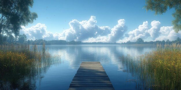 Photo a wooden dock extending into a tranquil lake surrounded by lush green trees and a blue sky with white clouds