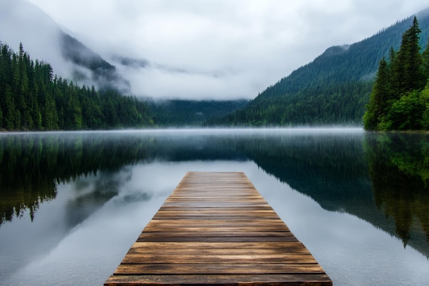 Photo wooden dock extends into still lake water with fog covered mountain range reflection