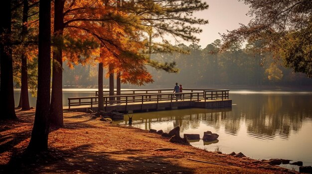 a wooden dock is in the water with a dock in the foreground